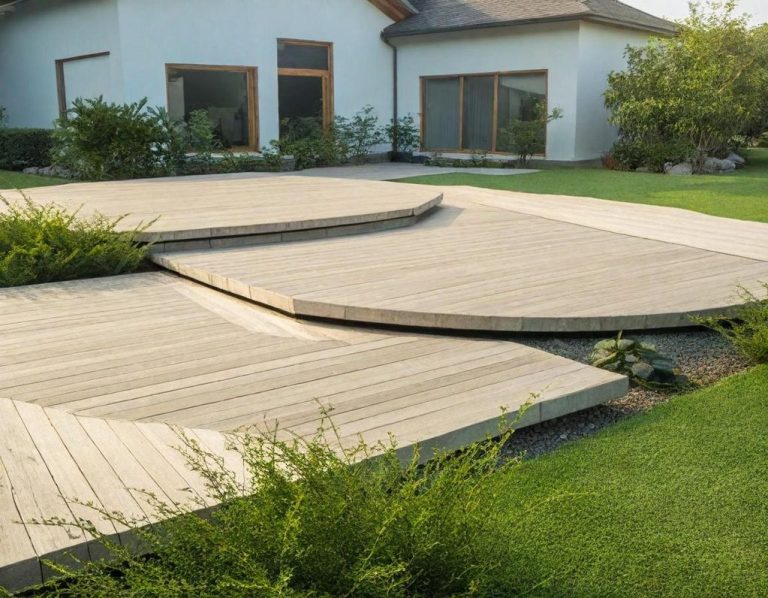 Terrasse en bois avec des niveaux variés et de la végétation autour, près d'une maison moderne.